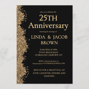 25th Wedding Anniversary Gold Faux Glitter  Invitation