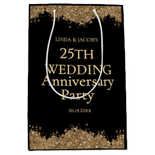25th Wedding Anniversary Gold Faux Glitter Medium Gift Bag