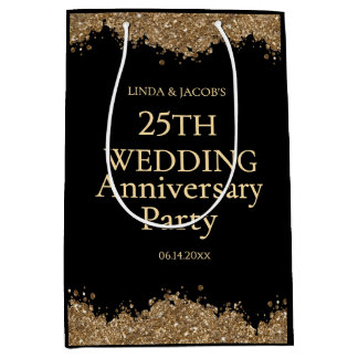 25th Wedding Anniversary Gold Faux Glitter Medium Gift Bag