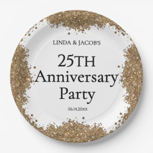 25th Wedding Anniversary Gold Faux Glitter  Paper Plate