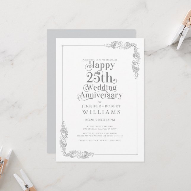 25th Wedding Anniversary Gold Floral Frame Invitation (Front/Back In Situ)