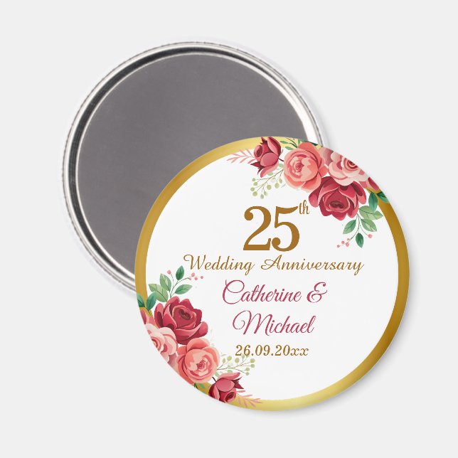 25th Wedding Anniversary Gold Frame Floral Magnet (Front/Back)
