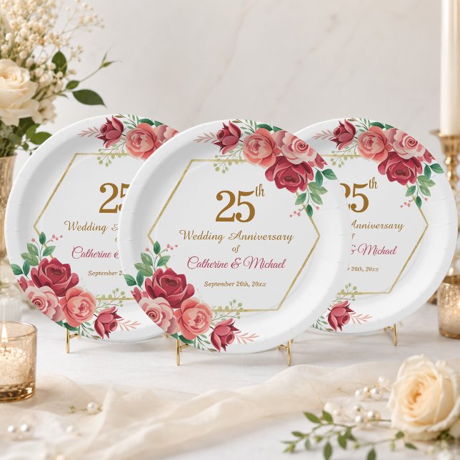 25th Wedding Anniversary Gold Frame Floral Paper Plate (Creator Uploaded)