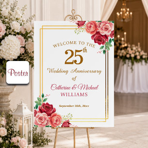 25th Wedding Anniversary Gold Frame Floral Poster