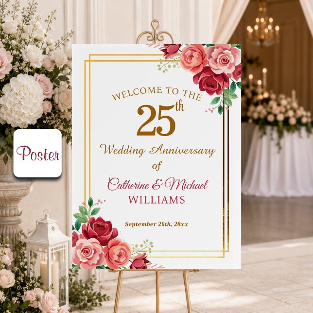 25th Wedding Anniversary Gold Frame Floral Poster (Creator Uploaded)