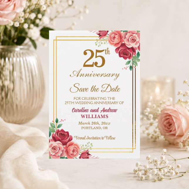 25th Wedding Anniversary Gold Frame Floral  Save The Date (Creator Uploaded)