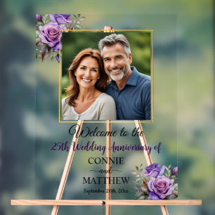 25th Wedding Anniversary Gold Frame Purple Roses Acrylic Sign