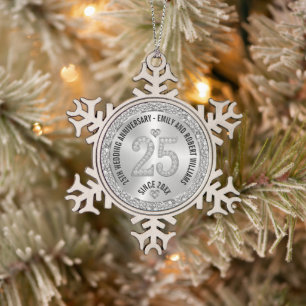 25th Wedding Anniversary Gold White Diamonds Snowflake Pewter Christmas Ornament