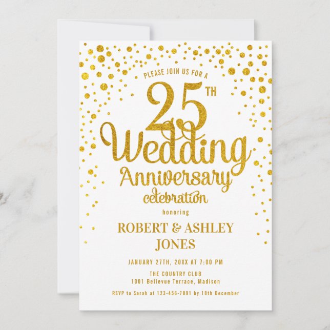 25th Wedding Anniversary - Gold & White Invitation (Front)