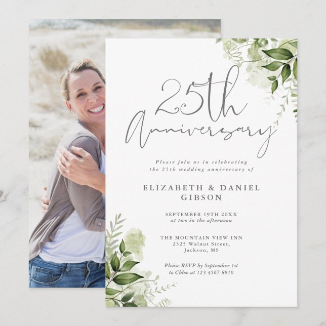 25th Wedding Anniversary Greenery Floral Photo Invitation (Front/Back)