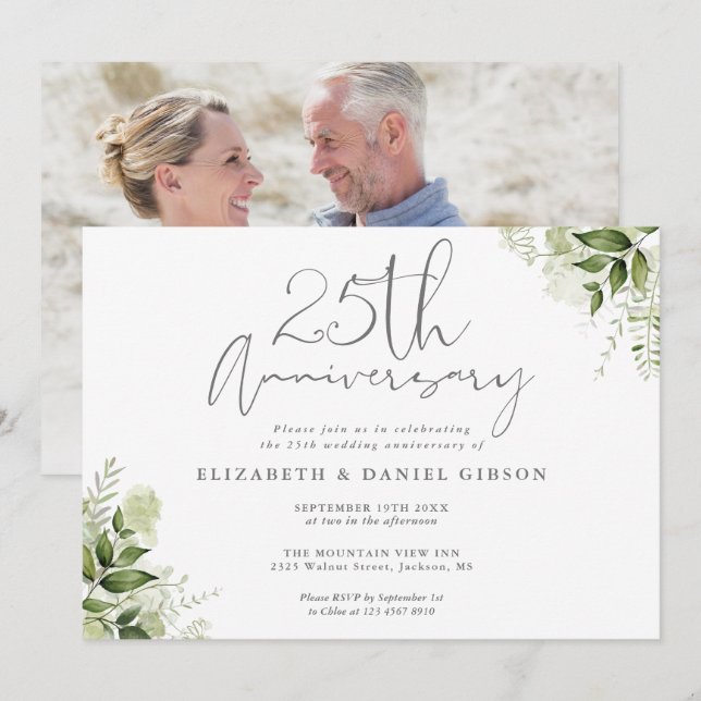 25th Wedding Anniversary Greenery Floral Photo Invitation (Front/Back)