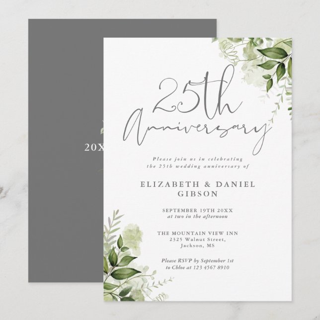 25th Wedding Anniversary Greenery Silver Script Invitation (Front/Back)