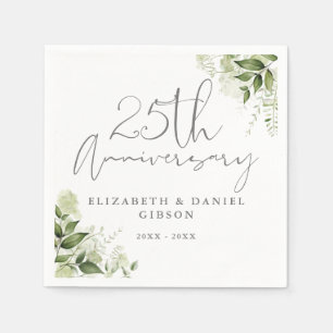 25th Wedding Anniversary Greenery Silver Script Napkin