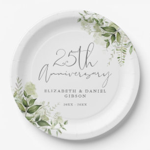 25th Wedding Anniversary Greenery Silver Script Paper Plate