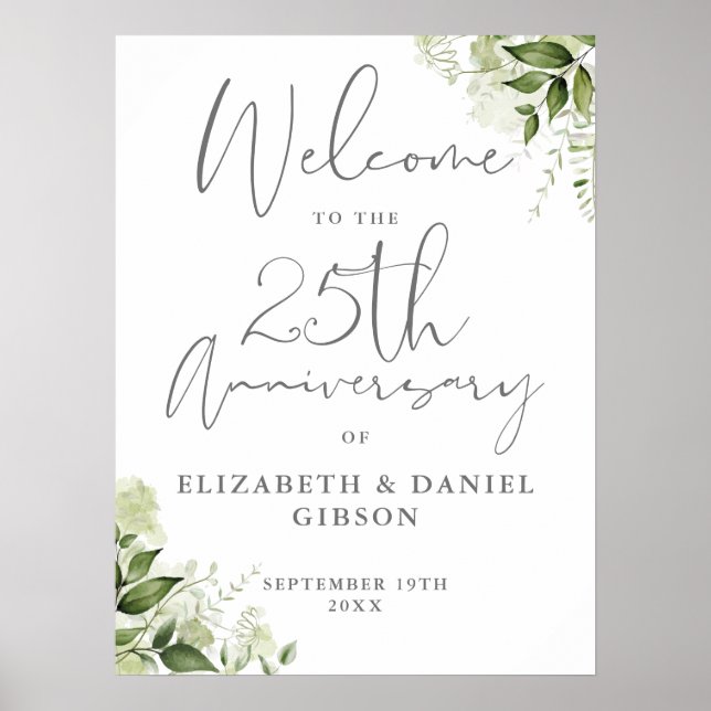 25th Wedding Anniversary Greenery Welcome Sign (Front)