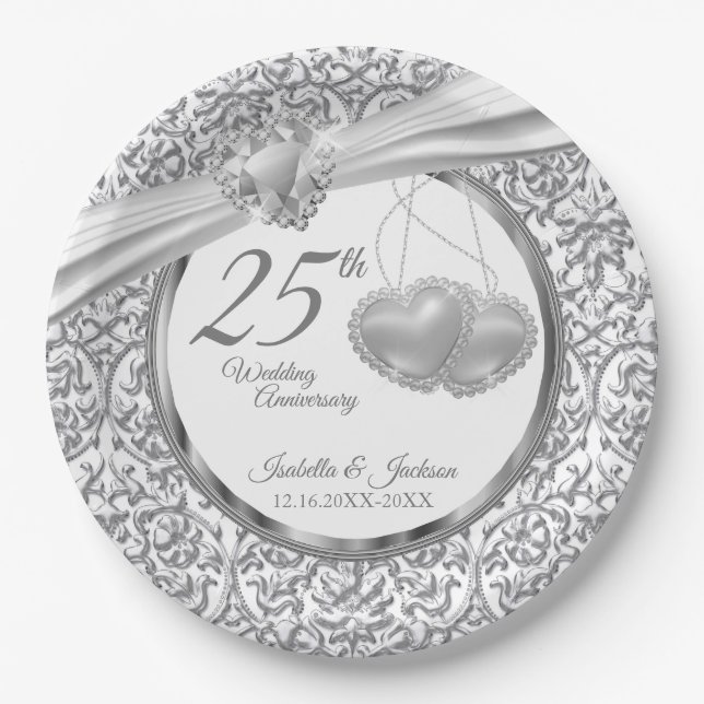 25th Wedding Anniversary - Hearts Paper Plate (Front)