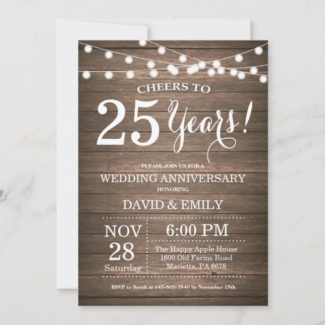 25th Wedding Anniversary Invitation Rustic Wood (Front)