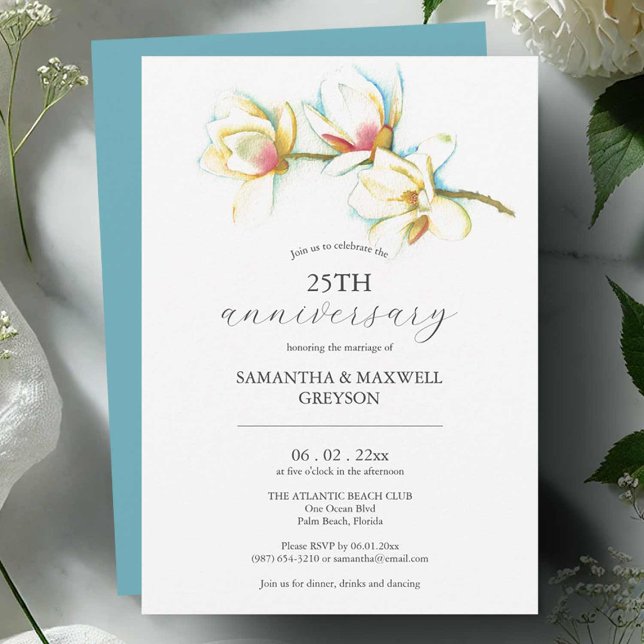 25th Wedding Anniversary Invitations Floral (Wedding anniversary invitations watercolor white magnolia flower art by Victoria Grigaliunas)