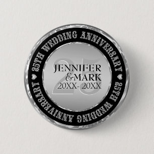 25th Wedding Anniversary Metallic Silver And Black 6 Cm Round Badge
