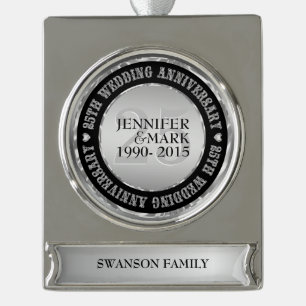 25Th Wedding Anniversary Metallic Silver & Black 2 Plated Banner Ornament