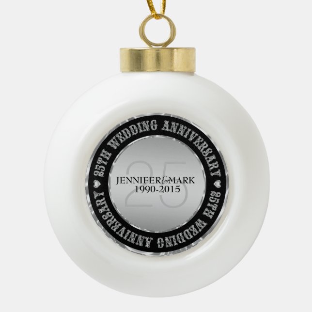 25Th Wedding Anniversary  Metallic Silver & Black Ceramic Ball Christmas Ornament (Front)