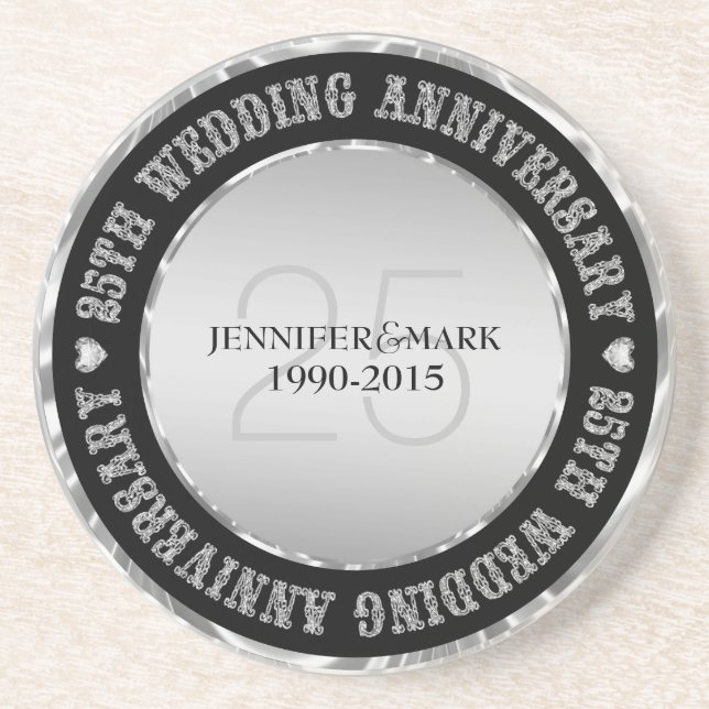 25Th Wedding Anniversary  Metallic Silver & Black Coaster (Front)