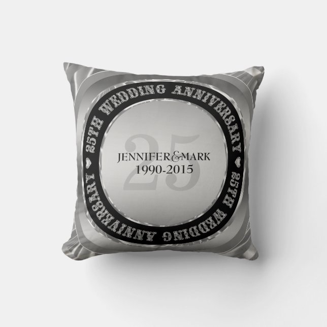 25Th Wedding Anniversary Metallic Silver & Black Cushion (Front)