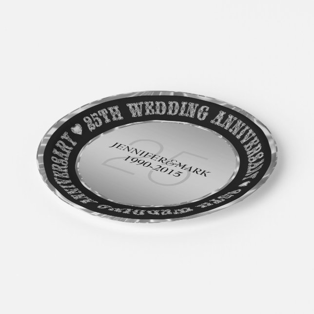 25Th Wedding Anniversary  Metallic Silver & Black Paper Plate (Angled)