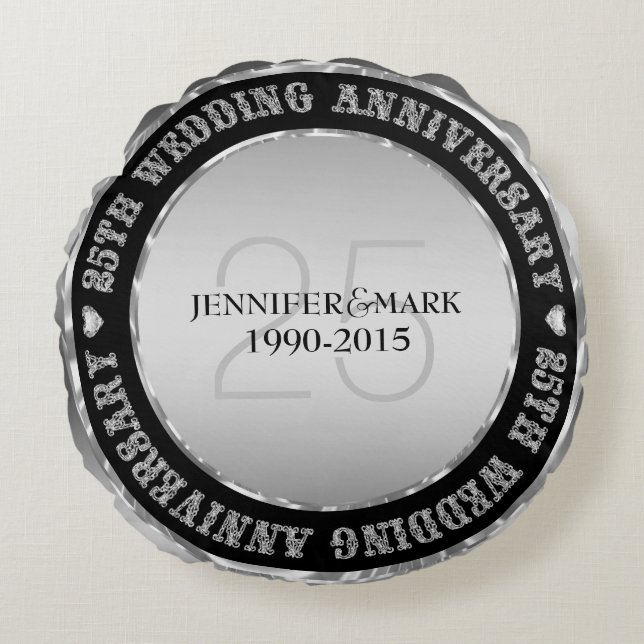 25Th Wedding Anniversary Metallic Silver & Black Round Cushion (Front)