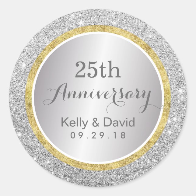 25th Wedding Anniversary Modern Silver Glitter Classic Round Sticker (Front)
