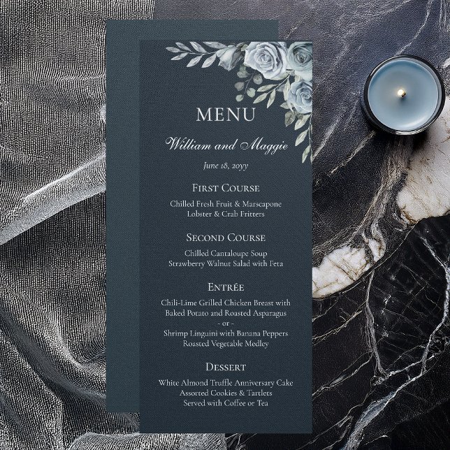 25th Wedding Anniversary Navy Floral Elegant Menu  (Elegant navy floral 25th anniversary menu card for formal dinner settings)