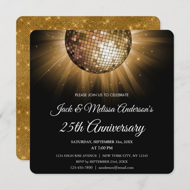 25th Wedding Anniversary Party Gold Disco Ball Invitation (Front/Back)