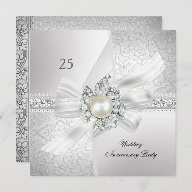 25th Wedding Anniversary Party Pearl White Silver Invitation (Front/Back)