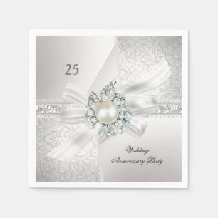 25th Wedding Anniversary Party Pearl White Silver Napkin