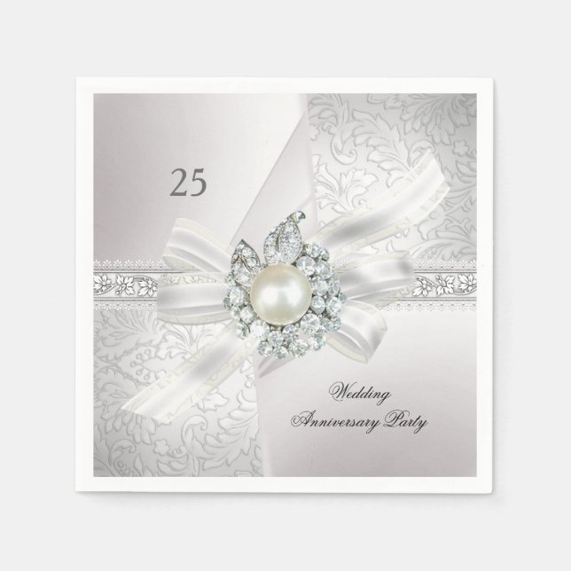25th Wedding Anniversary Party Pearl White Silver Napkin (Front)