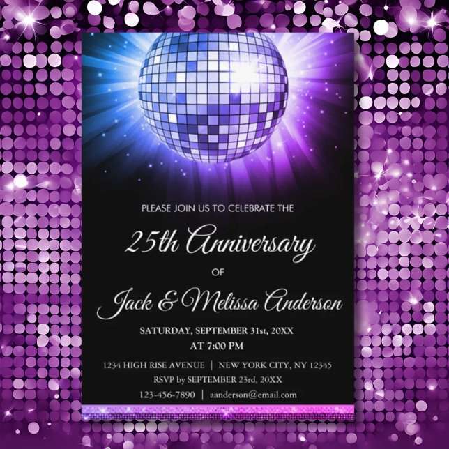 25th Wedding Anniversary Party Purple Disco Ball Invitation (Creator Uploaded)