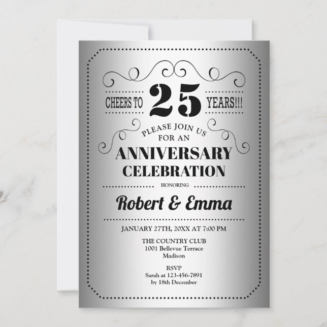 25th Wedding Anniversary Party - Silver Black Invitation (Front)