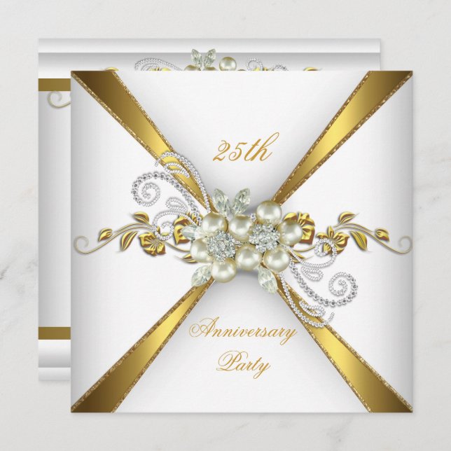 25th Wedding Anniversary Pearl Gold Silver Invitation (Front/Back)