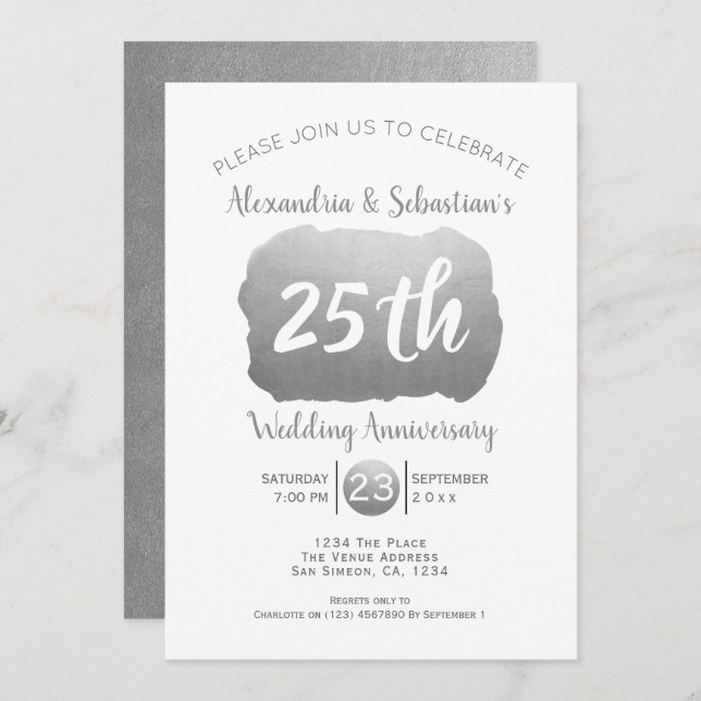 25th Wedding Anniversary Personalised Faux Silver Invitation (Front/Back)