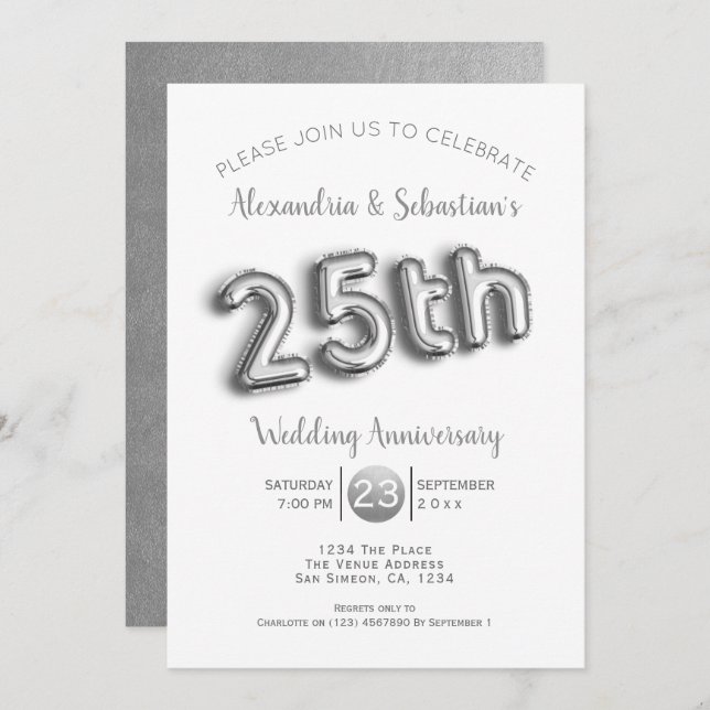 25th Wedding Anniversary Personalised Faux Silver Invitation (Front/Back)