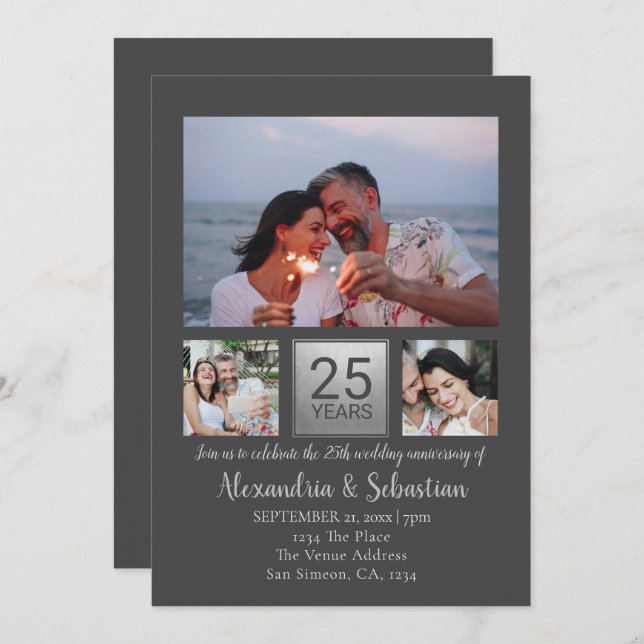 25th Wedding Anniversary Personalised Grey Silver Invitation (Front/Back)