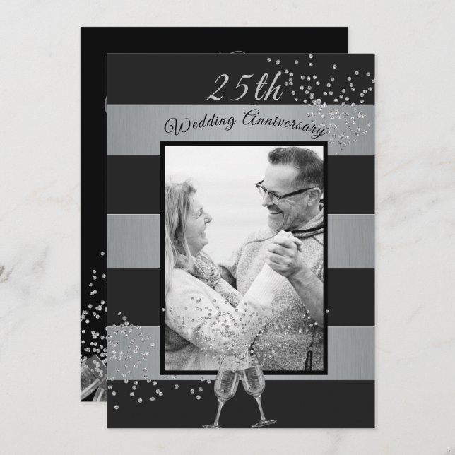 25th Wedding Anniversary Photo Black Silver Invitation (Front/Back)