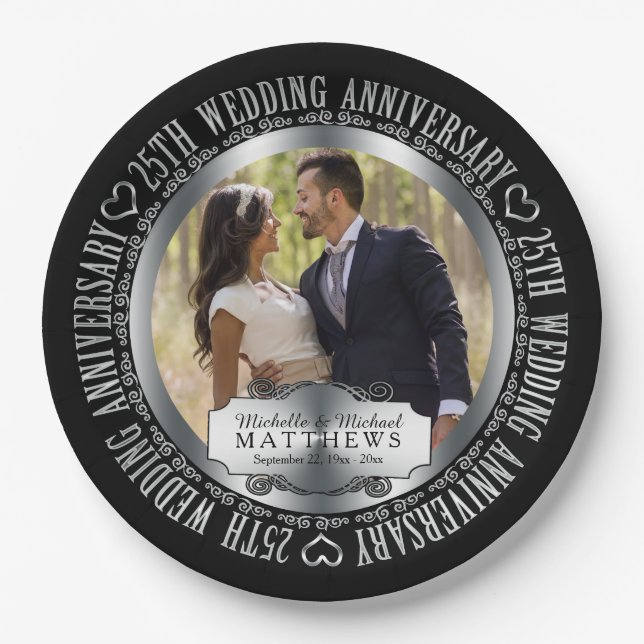 25th Wedding Anniversary Photo Black SIlver Tone Paper Plate (Front)