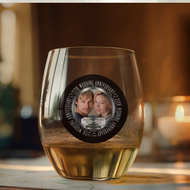 25th Wedding Anniversary Photo Names Date Stemless Wine Glass (Elegant and Classy Black and Silver Tone 25th Wedding Anniversary Photo Stemless Wine Glass)