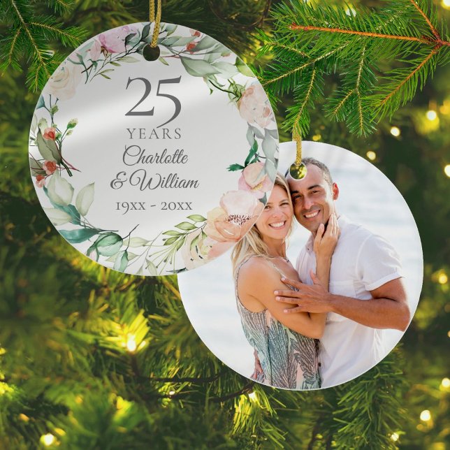 25th Wedding Anniversary Photo Roses Garland Ceramic Tree Decoration (25th Wedding Anniversary Photo Roses Garland Ceramic Ornament)
