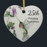 25th Wedding Anniversary Pretty Bird Flower Heart Ceramic Tree Decoration<br><div class="desc">Celebrate a special 25th wedding anniversary with a personalized heart ornament. The pretty hummingbird and flowers design was created from my original watercolor painting in pastel shades of pink,  cream,  grey and green. Delight in this festive holiday ornament and romantic keepsake.</div>