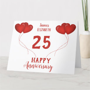 25th wedding anniversary red heart balloons thank you card