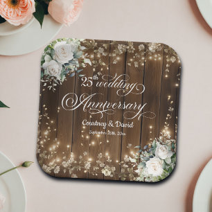 25th Wedding Anniversary Rustic String Lights  Paper Plate