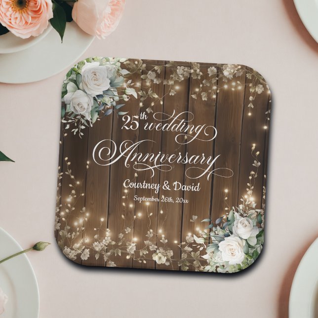 25th Wedding Anniversary Rustic String Lights  Paper Plate (Creator Uploaded)