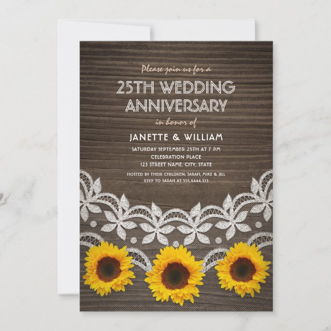 25th Wedding Anniversary Rustic Sunflowers Lace Invitation (Front)